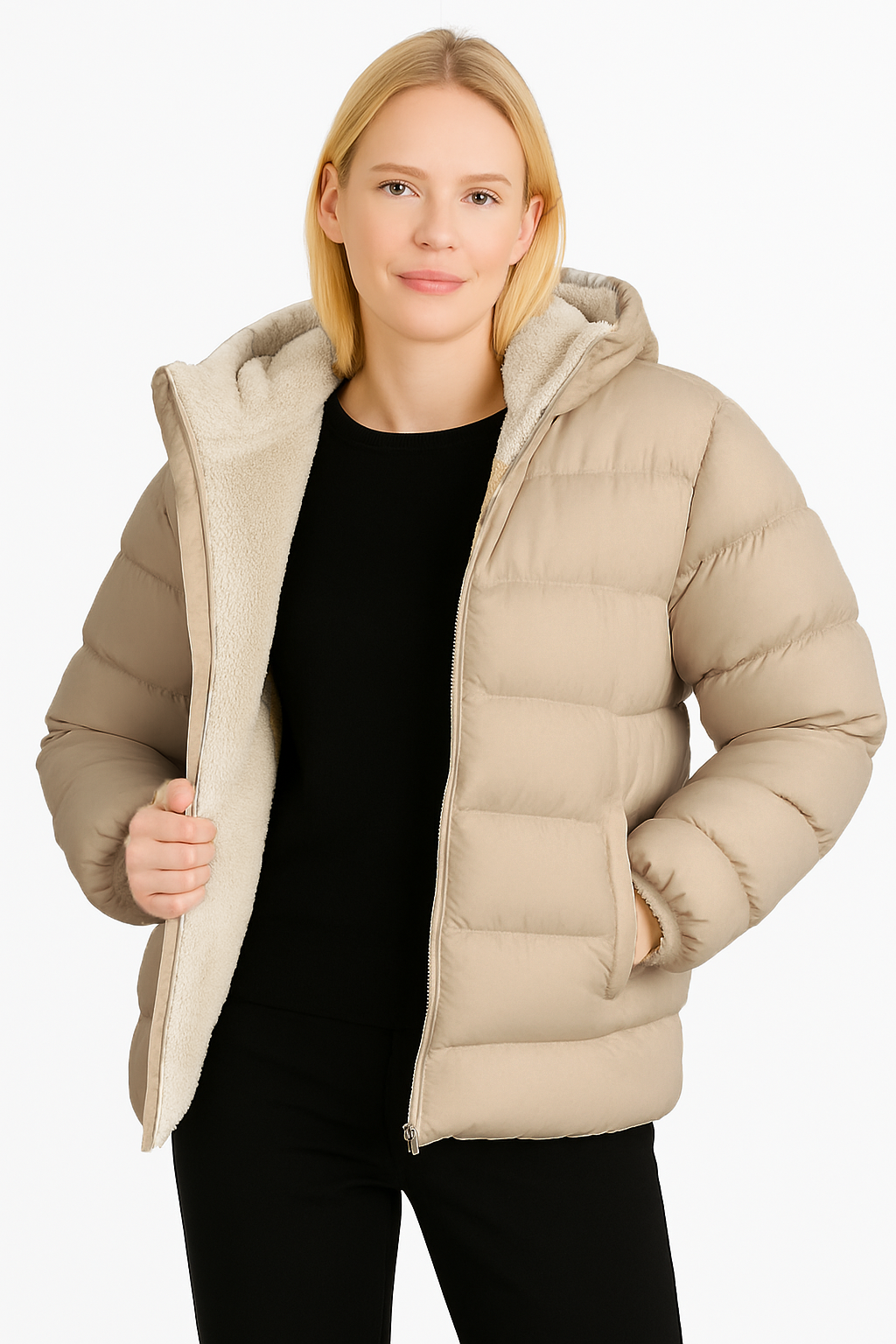 Kadın İçi Kürklü Kalın Su Geçirmez Kapişonlu Şişme Mont