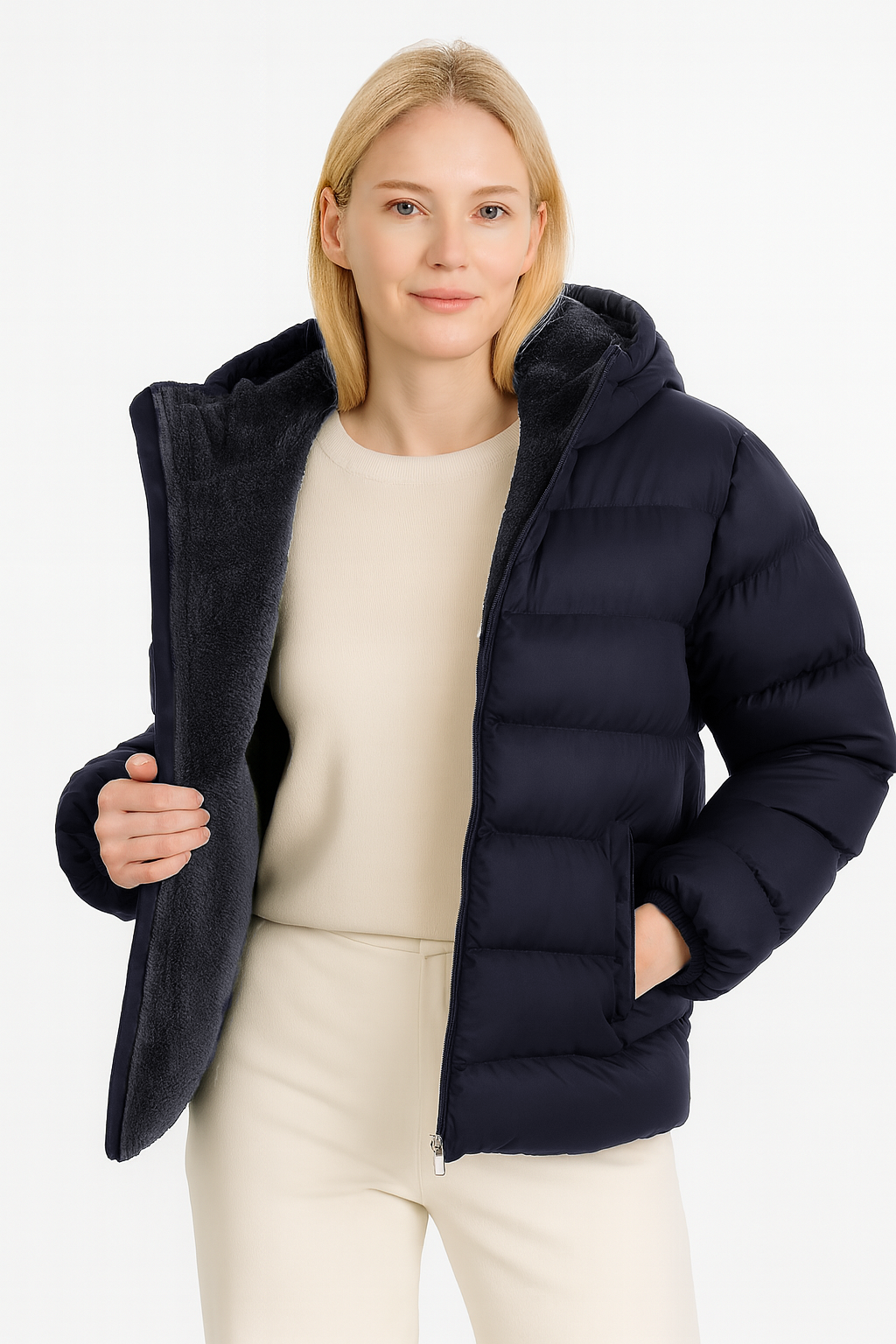 Kadın İçi Kürklü Kalın Su Geçirmez Kapişonlu Şişme Mont