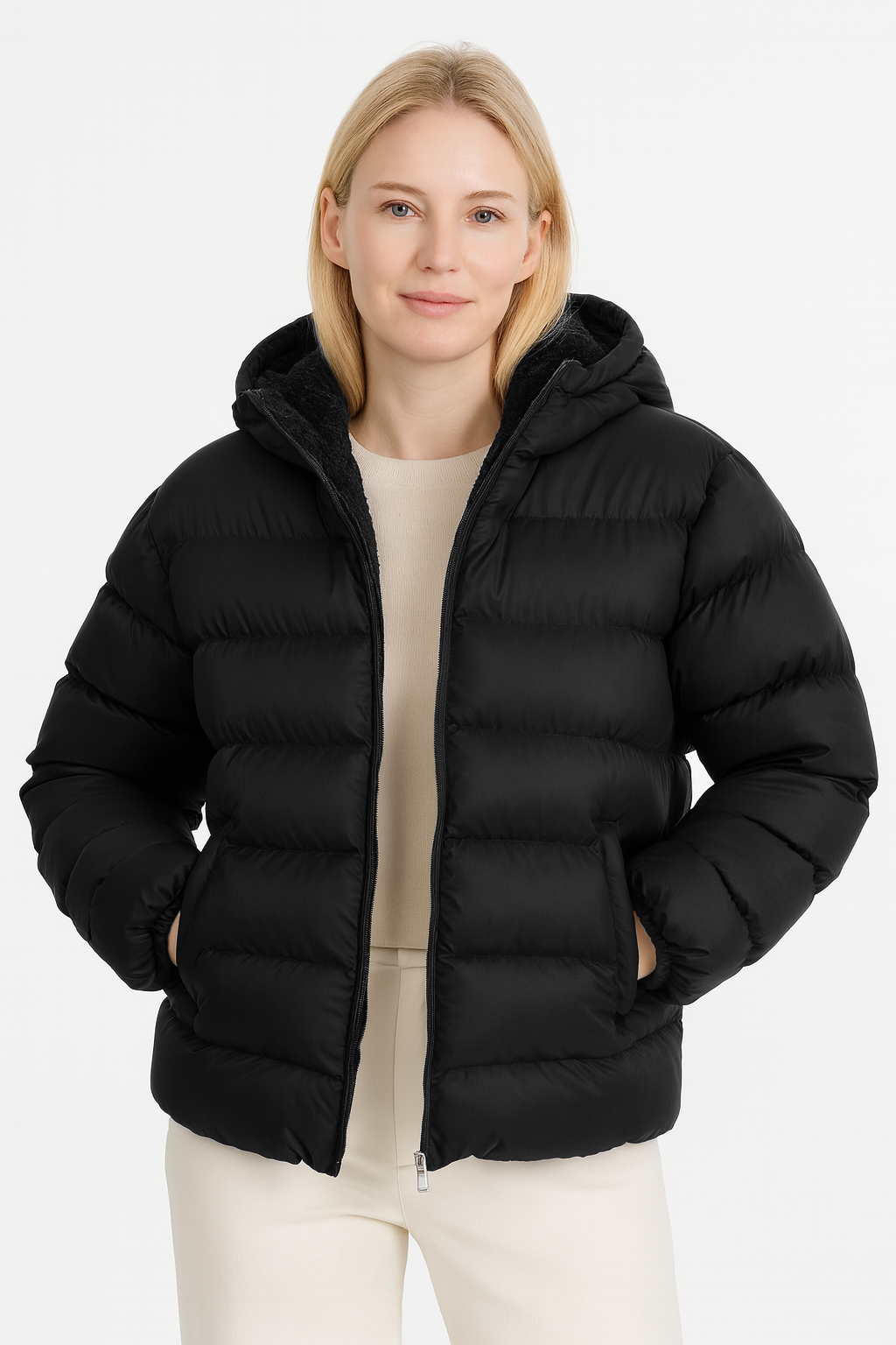 Kadın İçi Kürklü Kalın Su Geçirmez Kapişonlu Şişme Mont