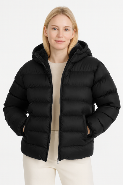 Kadın İçi Kürklü Kalın Su Geçirmez Kapişonlu Şişme Mont