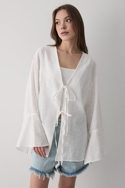 Çift Bağlamalı Keten Kimino