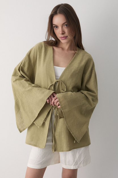 Çift Bağlamalı Keten Kimino