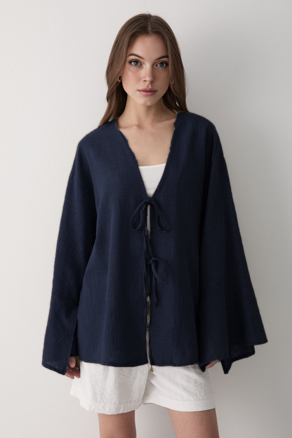 Çift Bağlamalı Keten Kimino