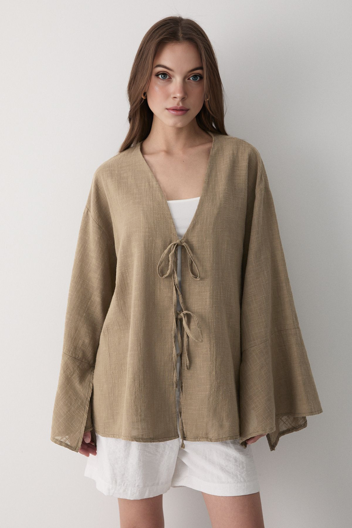 Çift Bağlamalı Keten Kimino