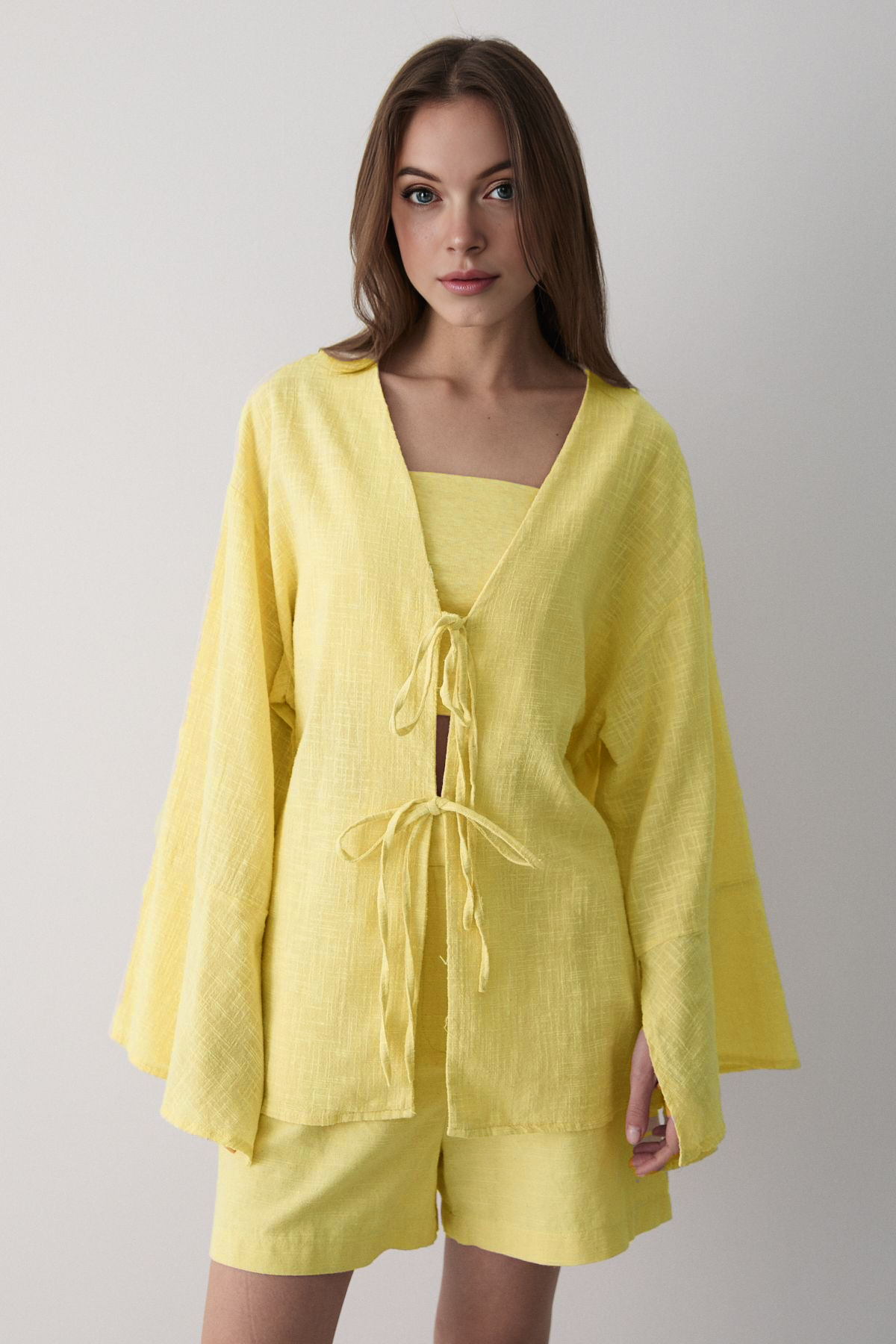 Çift Bağlamalı Keten Kimino