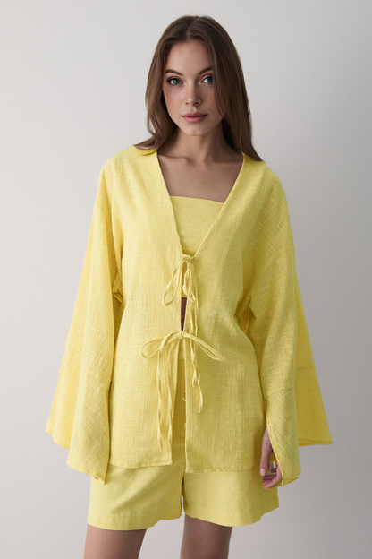 Çift Bağlamalı Keten Kimino