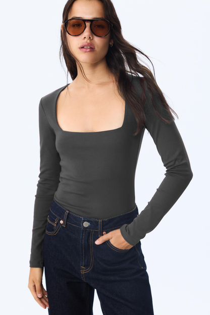 Kadın Antrasit Kare Yaka %95 Pamuk Uzun Kol Bluz