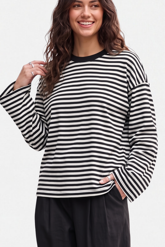 Kadın Çizgili %100 Pamuk Bisiklet Yaka Oversize Sweatshirt