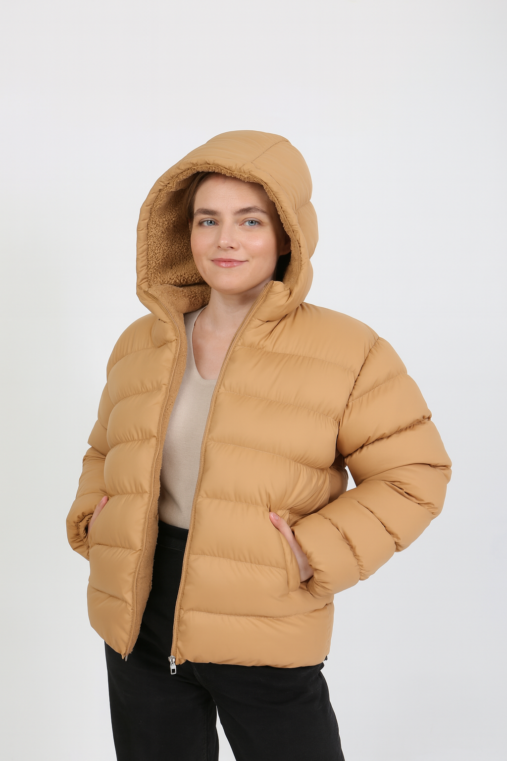 Kadın İçi Kürklü Kalın Su Geçirmez Kapişonlu Şişme Mont