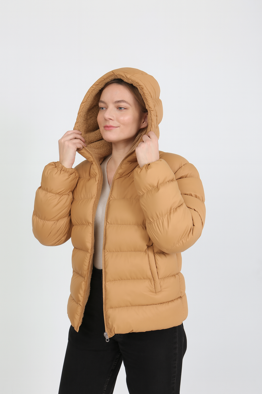 Kadın İçi Kürklü Kalın Su Geçirmez Kapişonlu Şişme Mont