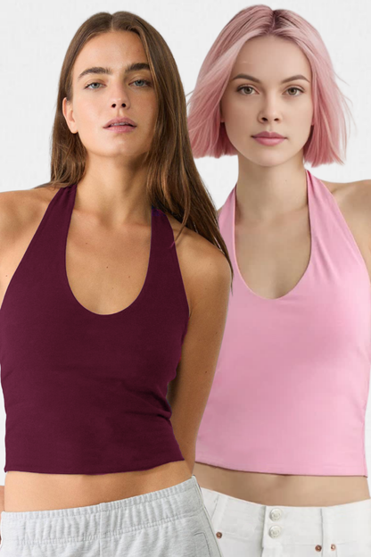Kadın 2'li Halter Yaka Crop Top Body
