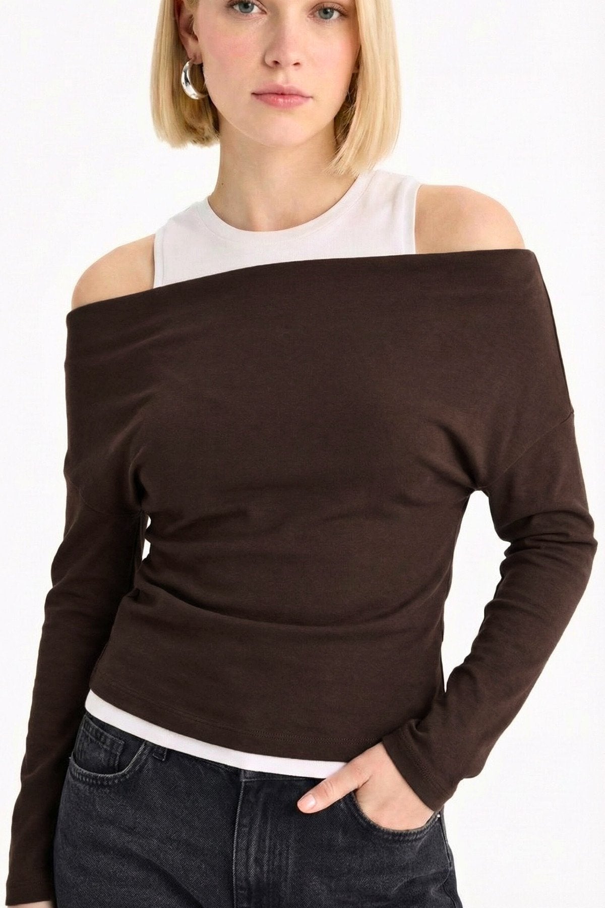 Slim Fit Dar Kesim Tek Omuzlu Çift Katmanlı Ribana Pamuk Uzun Kollu Tişört