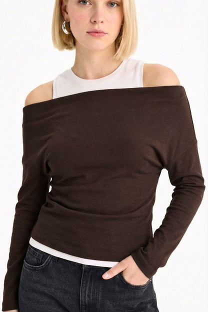 Slim Fit Dar Kesim Tek Omuzlu Çift Katmanlı Ribana Pamuk Uzun Kollu Tişört