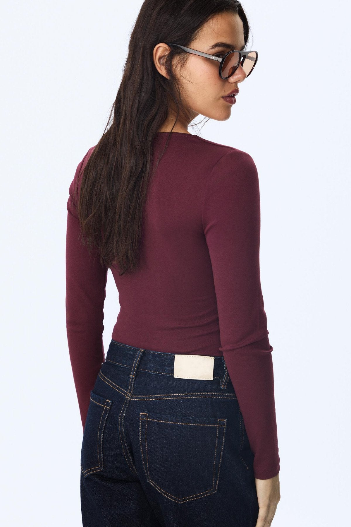 Kadın Antrasit Kare Yaka %95 Pamuk Uzun Kol Bluz