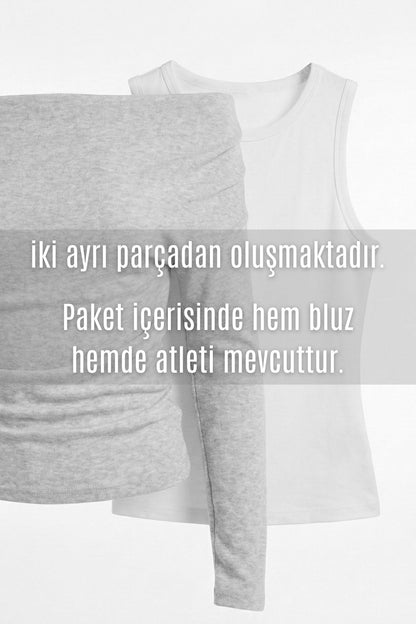 Slim Fit Dar Kesim Tek Omuzlu Çift Katmanlı Ribana Pamuk Uzun Kollu Tişört