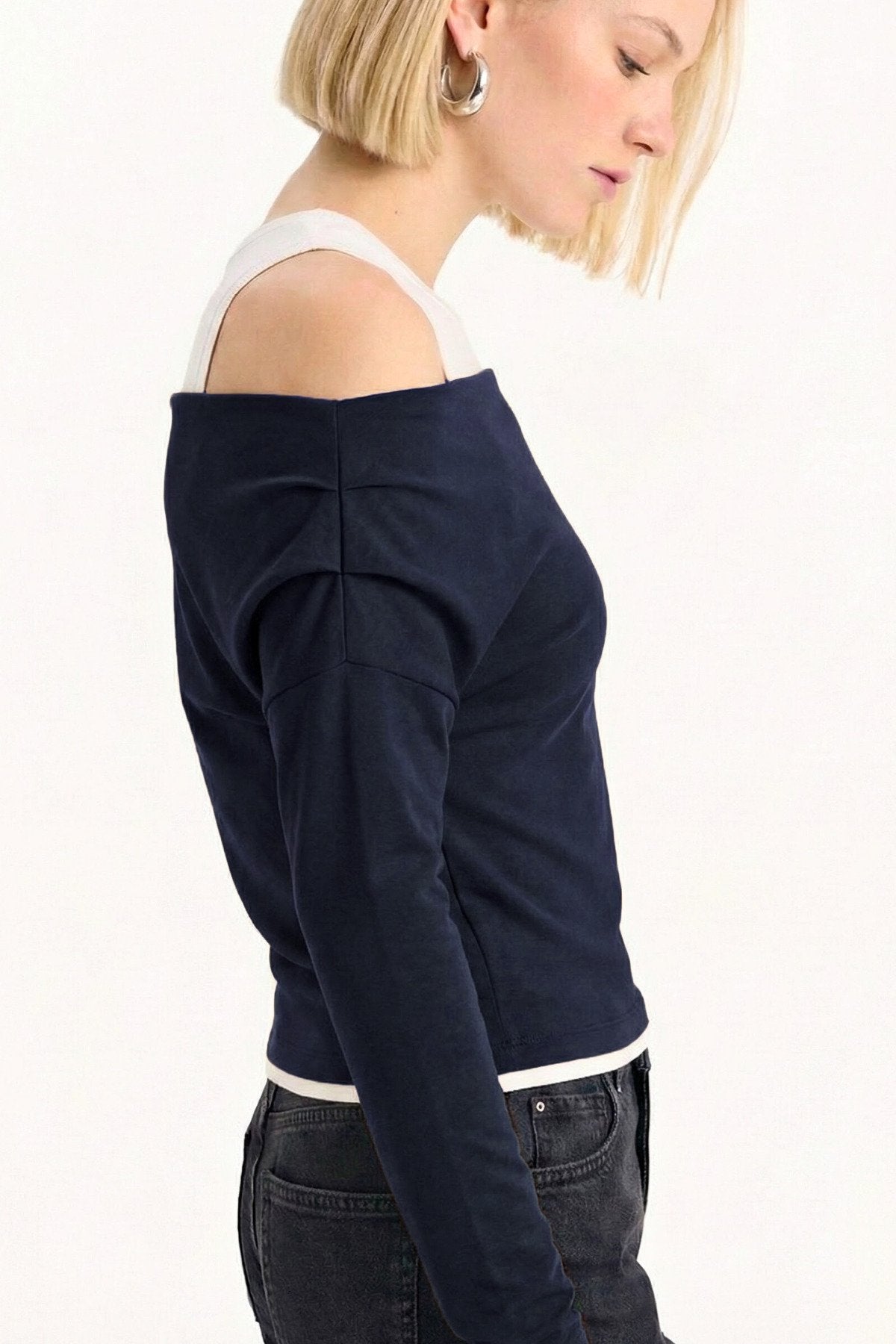 Slim Fit Dar Kesim Tek Omuzlu Çift Katmanlı Ribana Pamuk Uzun Kollu Tişört