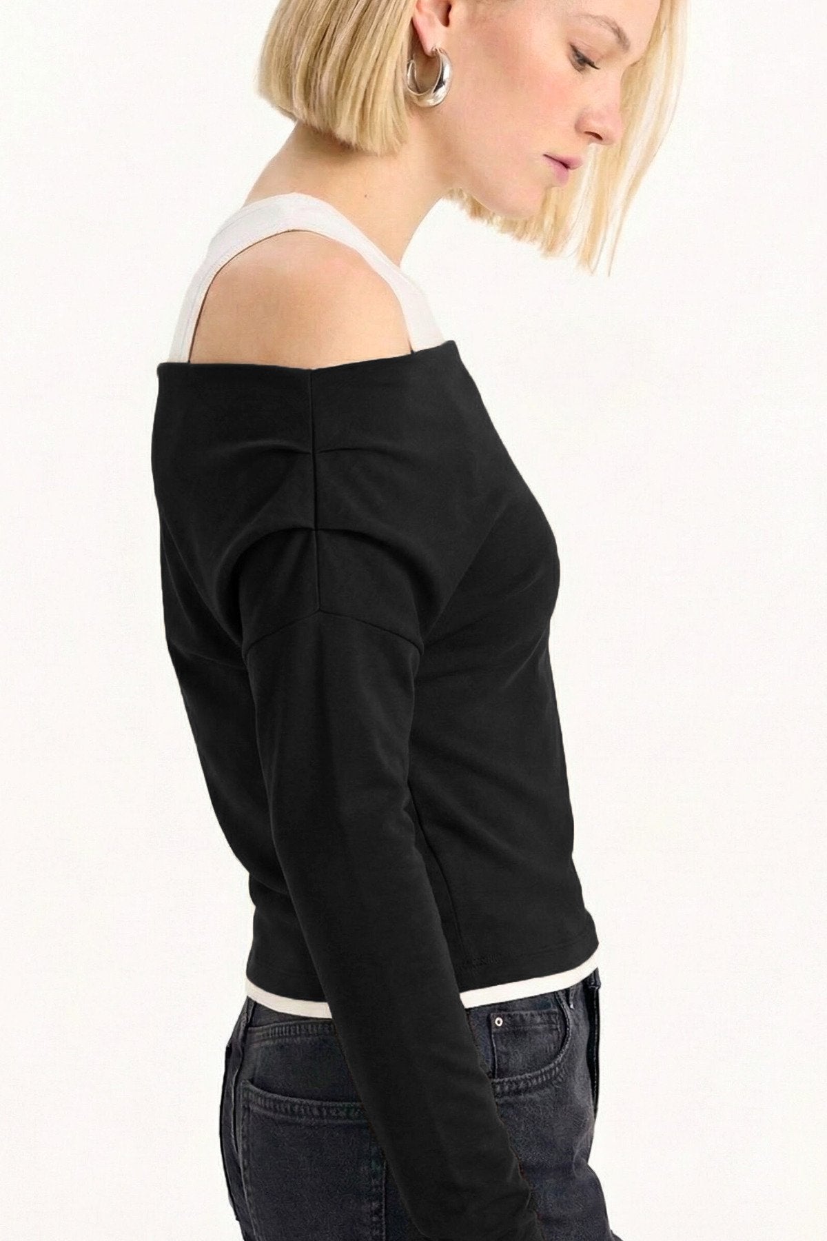 Slim Fit Dar Kesim Tek Omuzlu Çift Katmanlı Ribana Pamuk Uzun Kollu Tişört