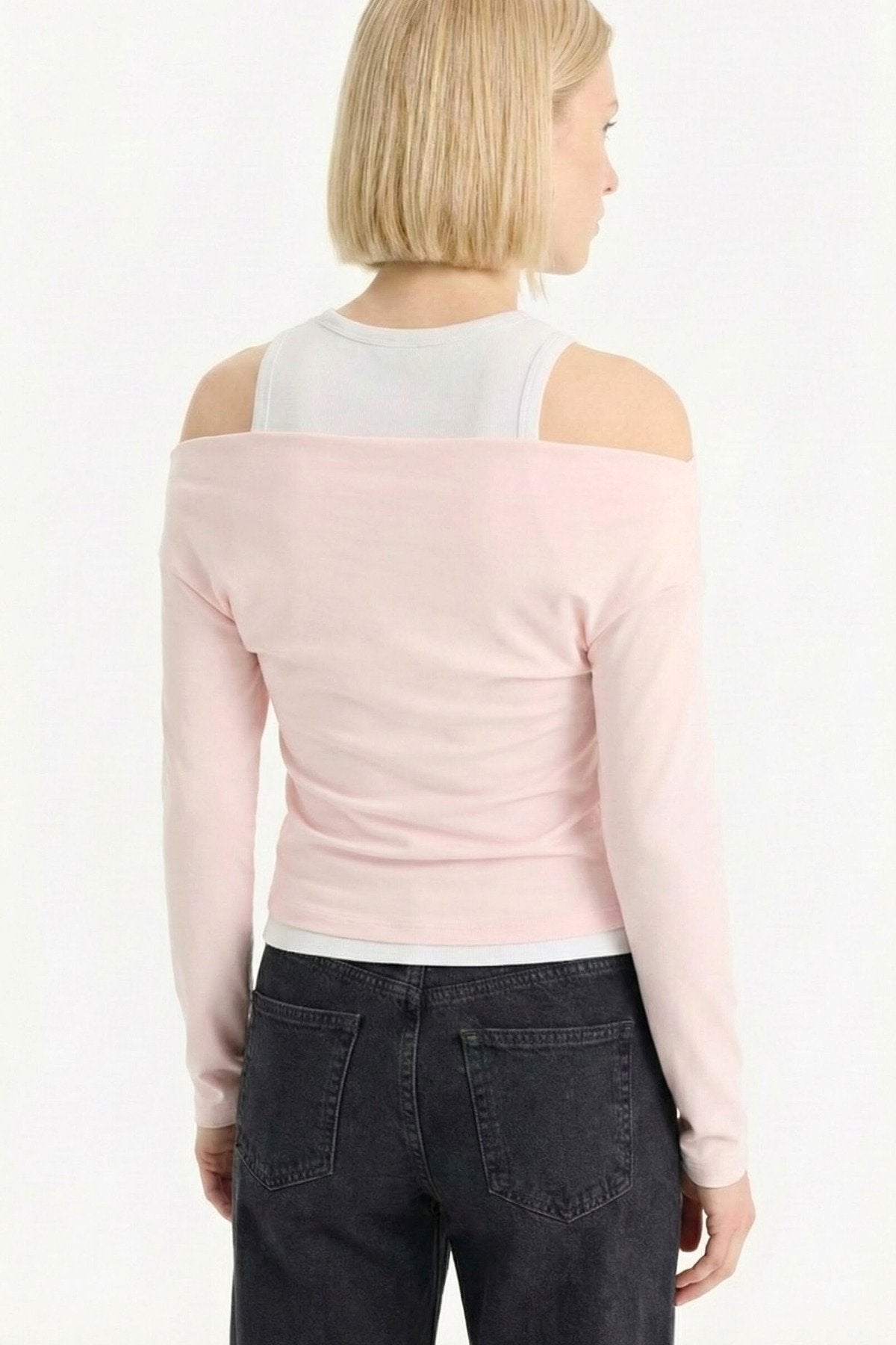 Slim Fit Dar Kesim Tek Omuzlu Çift Katmanlı Ribana Pamuk Uzun Kollu Tişört