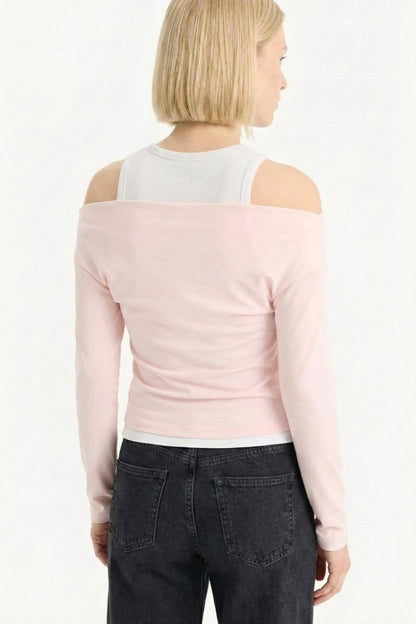 Slim Fit Dar Kesim Tek Omuzlu Çift Katmanlı Ribana Pamuk Uzun Kollu Tişört