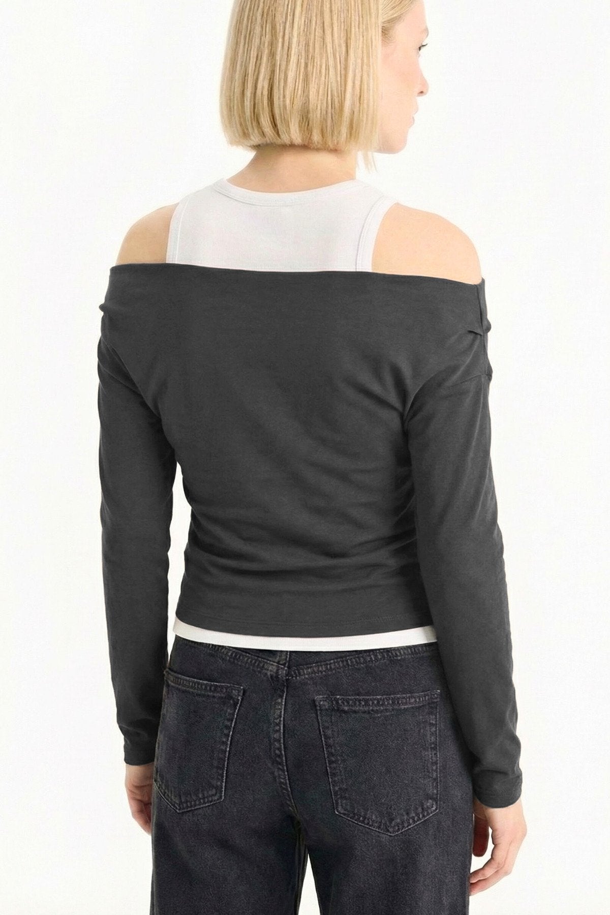 Slim Fit Dar Kesim Tek Omuzlu Çift Katmanlı Ribana Pamuk Uzun Kollu Tişört