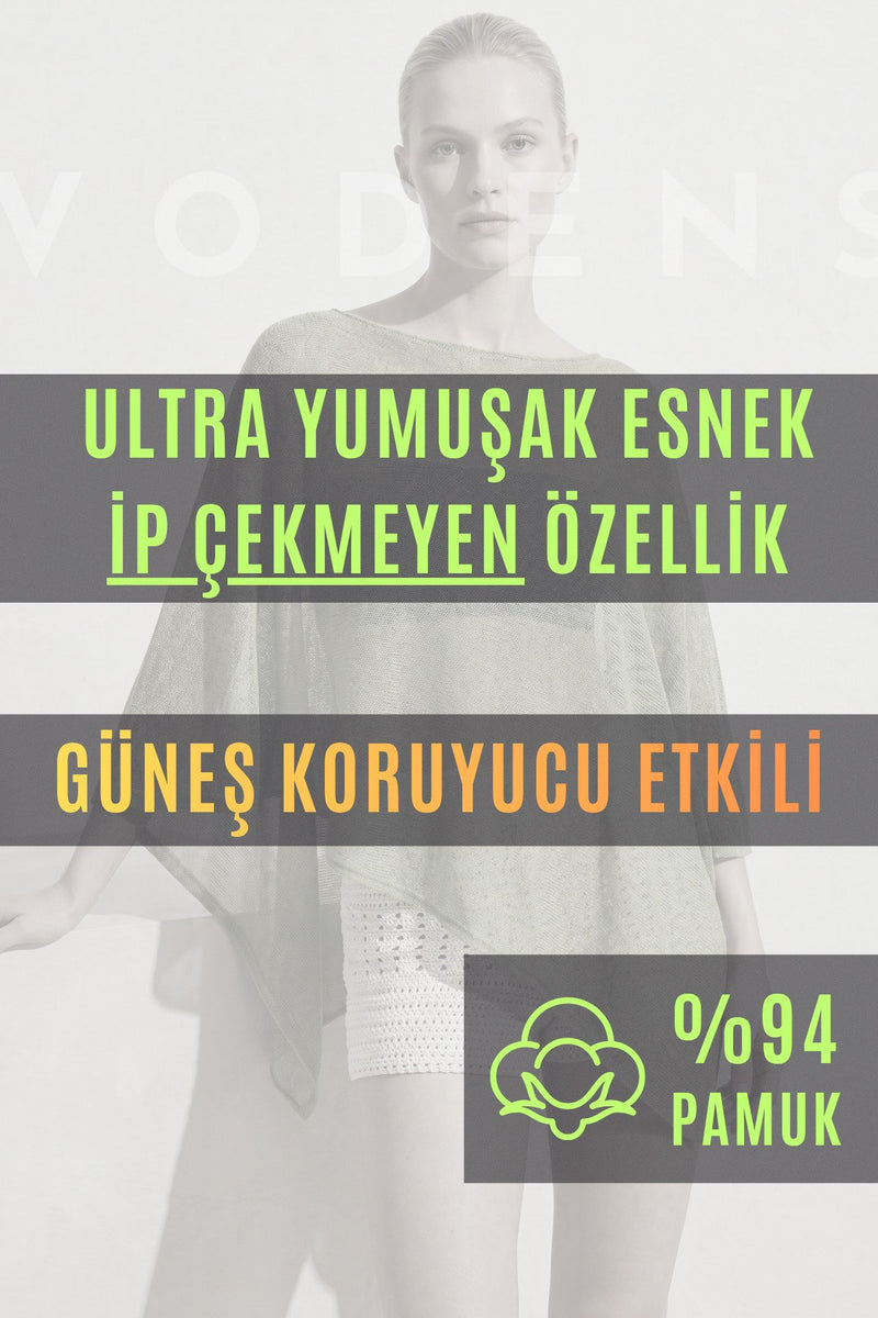 Kadın Ekru %94 Pamuk Yazlık Asimetrik Transparan Dökümlü Pelerin Panço