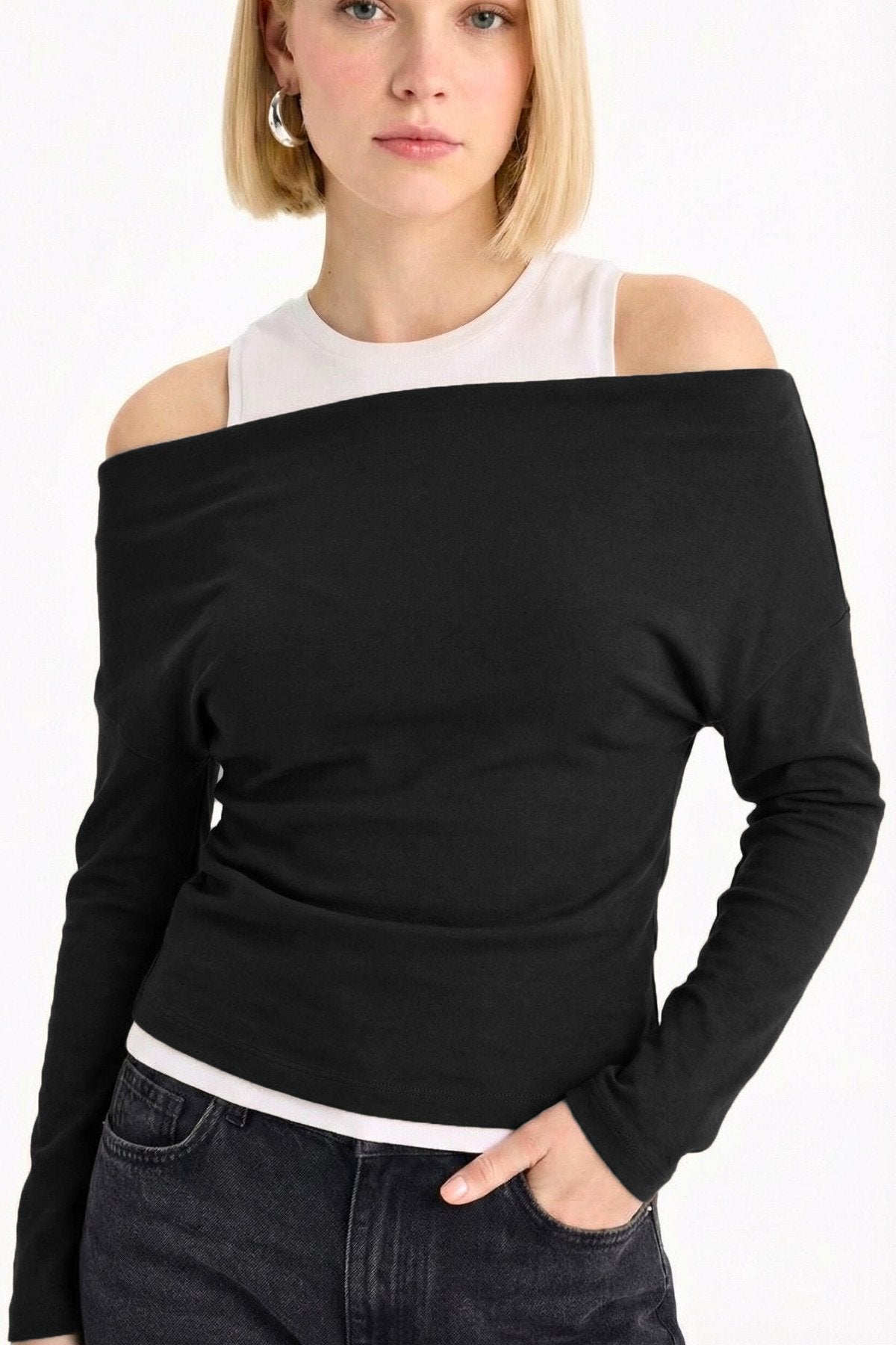 Slim Fit Dar Kesim Tek Omuzlu Çift Katmanlı Ribana Pamuk Uzun Kollu Tişört