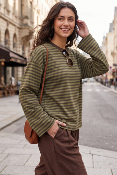 Kadın Çizgili %100 Pamuk Bisiklet Yaka Oversize Sweatshirt
