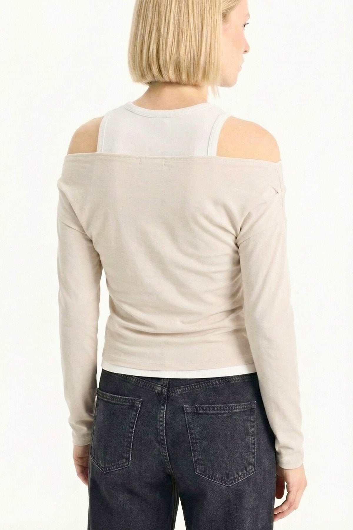 Slim Fit Dar Kesim Tek Omuzlu Çift Katmanlı Ribana Pamuk Uzun Kollu Tişört