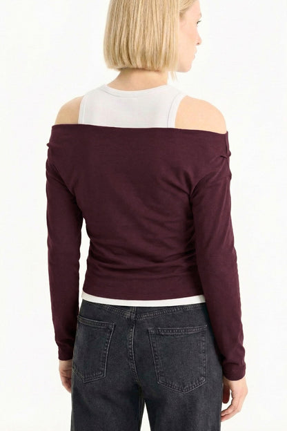 Slim Fit Dar Kesim Tek Omuzlu Çift Katmanlı Ribana Pamuk Uzun Kollu Tişört