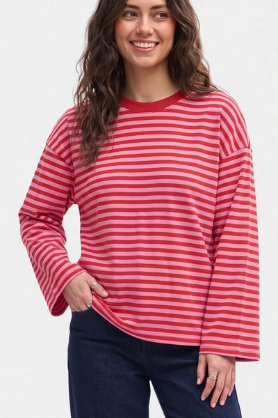 Kadın Çizgili %100 Pamuk Bisiklet Yaka Oversize Sweatshirt