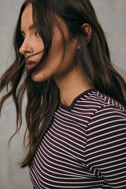 Siyah Çizgili %100 Pamuk Bisiklet Yaka Uzun Kol Bluz