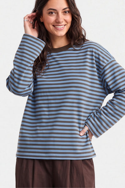 Kadın Çizgili %100 Pamuk Bisiklet Yaka Oversize Sweatshirt