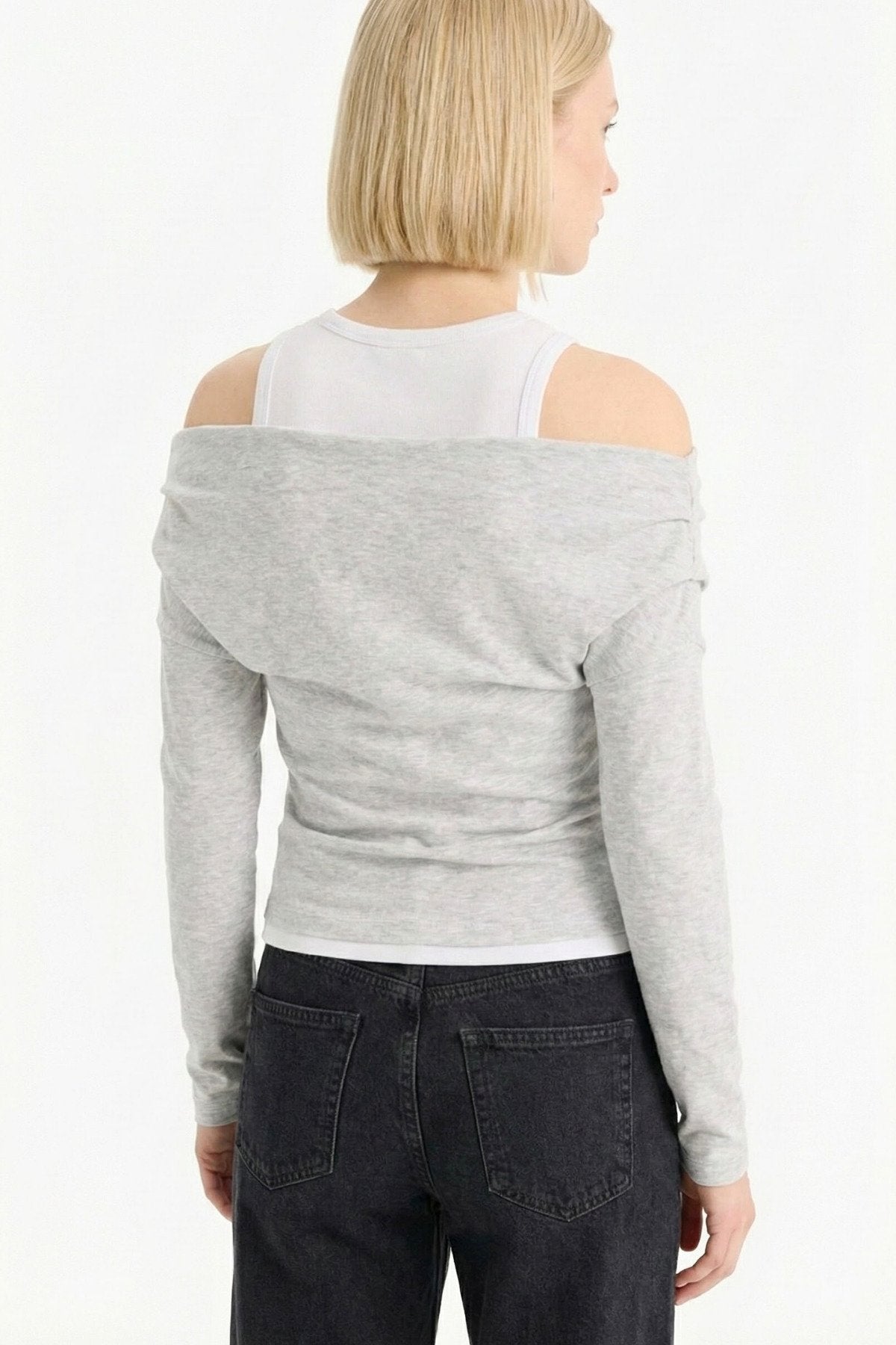 Slim Fit Dar Kesim Tek Omuzlu Çift Katmanlı Ribana Pamuk Uzun Kollu Tişört