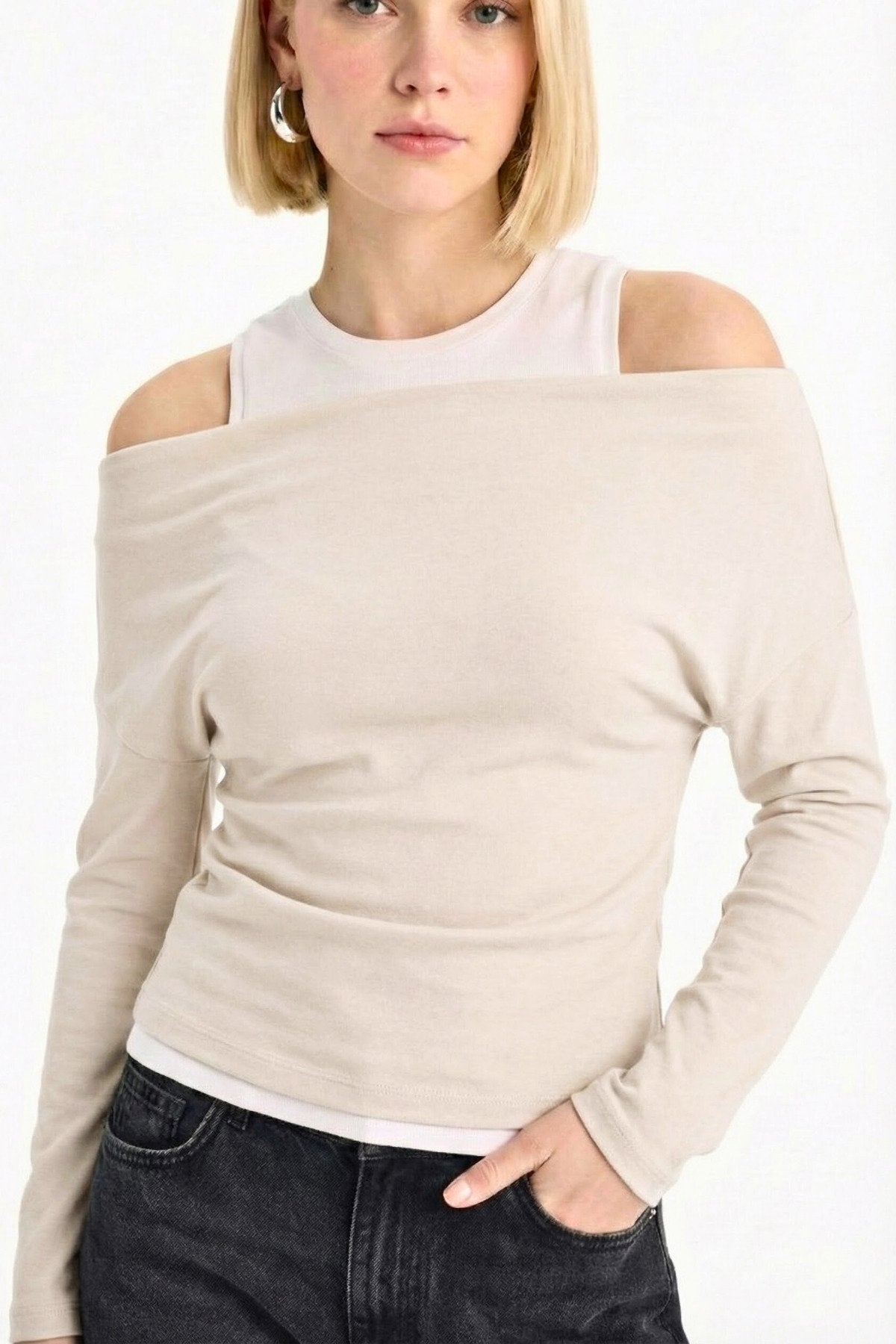 Slim Fit Dar Kesim Tek Omuzlu Çift Katmanlı Ribana Pamuk Uzun Kollu Tişört