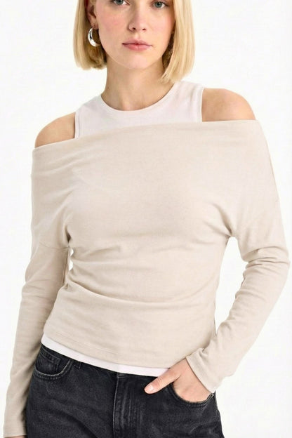 Slim Fit Dar Kesim Tek Omuzlu Çift Katmanlı Ribana Pamuk Uzun Kollu Tişört