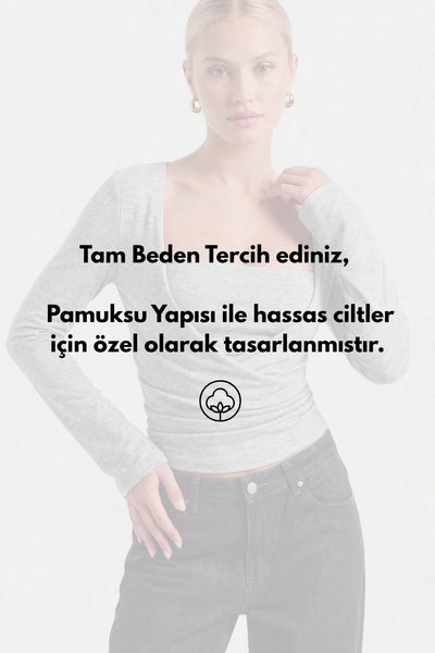 Kahverengi Kare Yaka Büzgülü Bele Oturan %97 Pamuk Uzun Kol Bluz