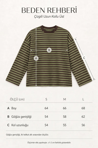 Kadın Çizgili %100 Pamuk Bisiklet Yaka Oversize Sweatshirt