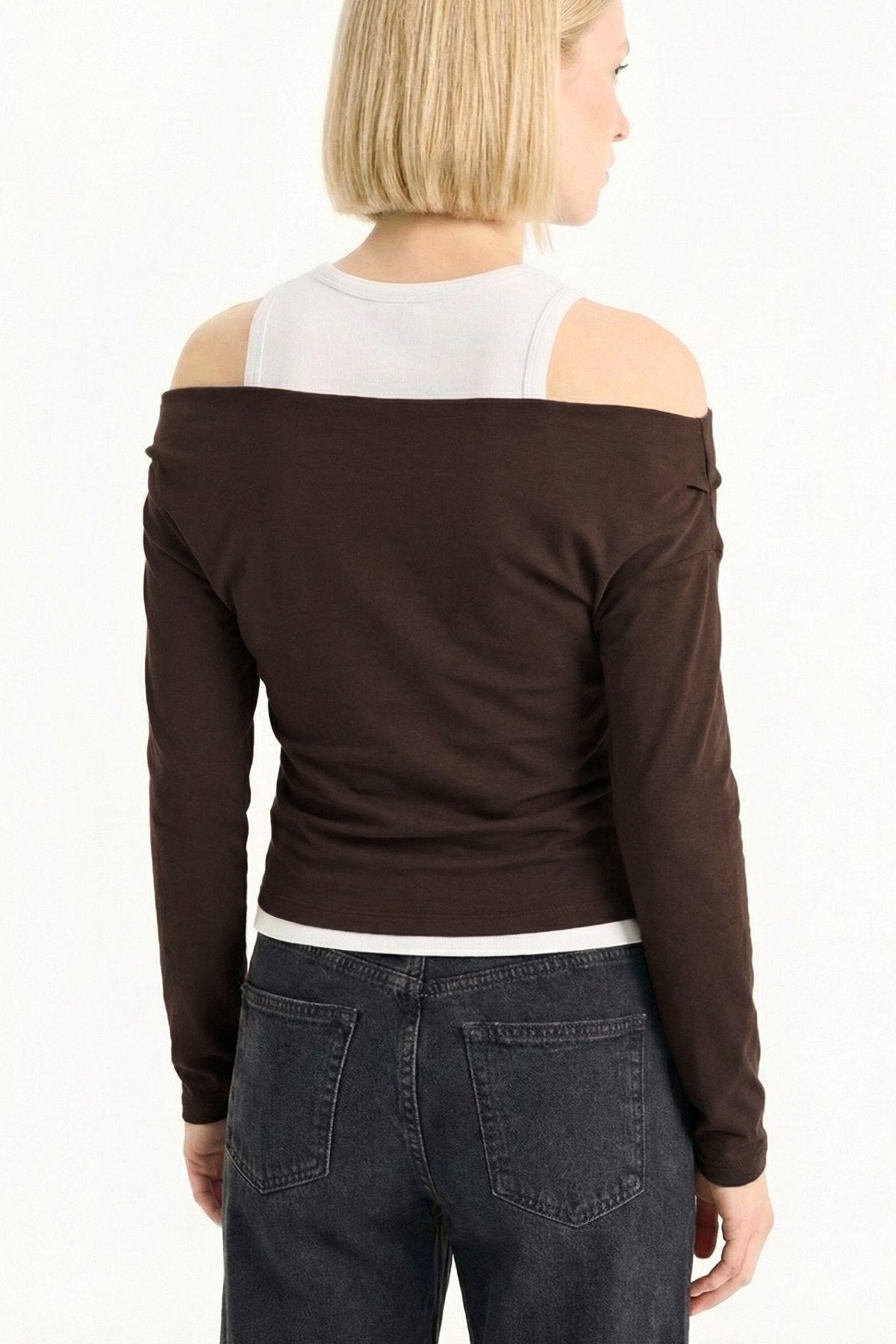 Slim Fit Dar Kesim Tek Omuzlu Çift Katmanlı Ribana Pamuk Uzun Kollu Tişört