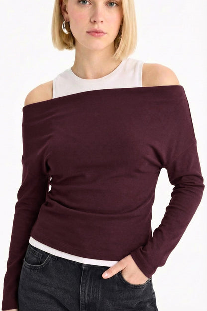 Slim Fit Dar Kesim Tek Omuzlu Çift Katmanlı Ribana Pamuk Uzun Kollu Tişört