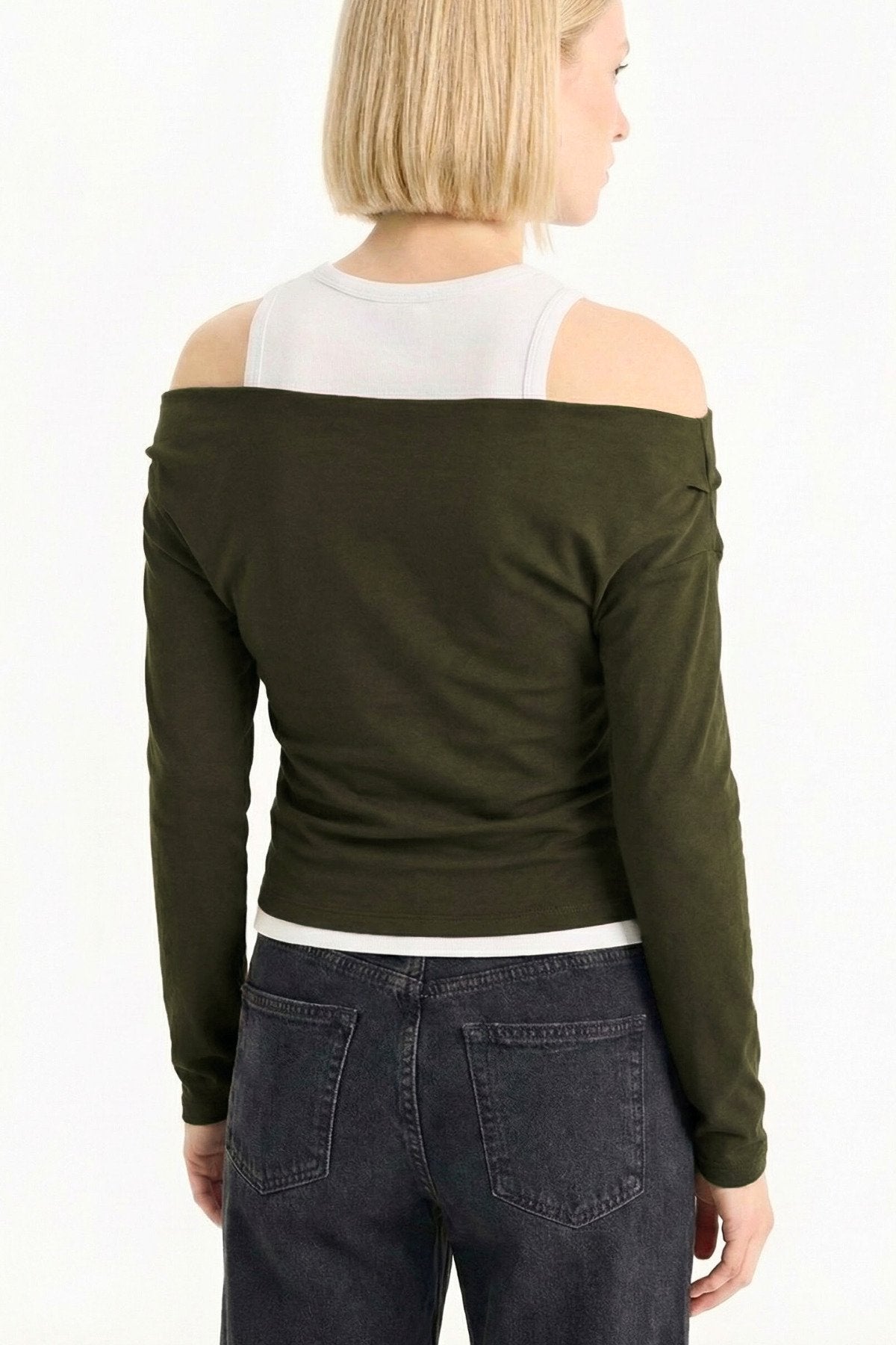 Slim Fit Dar Kesim Tek Omuzlu Çift Katmanlı Ribana Pamuk Uzun Kollu Tişört