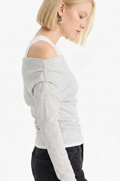 Slim Fit Dar Kesim Tek Omuzlu Çift Katmanlı Ribana Pamuk Uzun Kollu Tişört