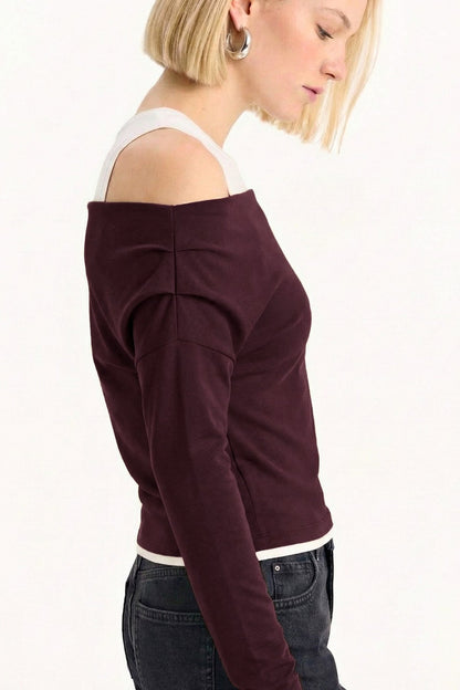 Slim Fit Dar Kesim Tek Omuzlu Çift Katmanlı Ribana Pamuk Uzun Kollu Tişört