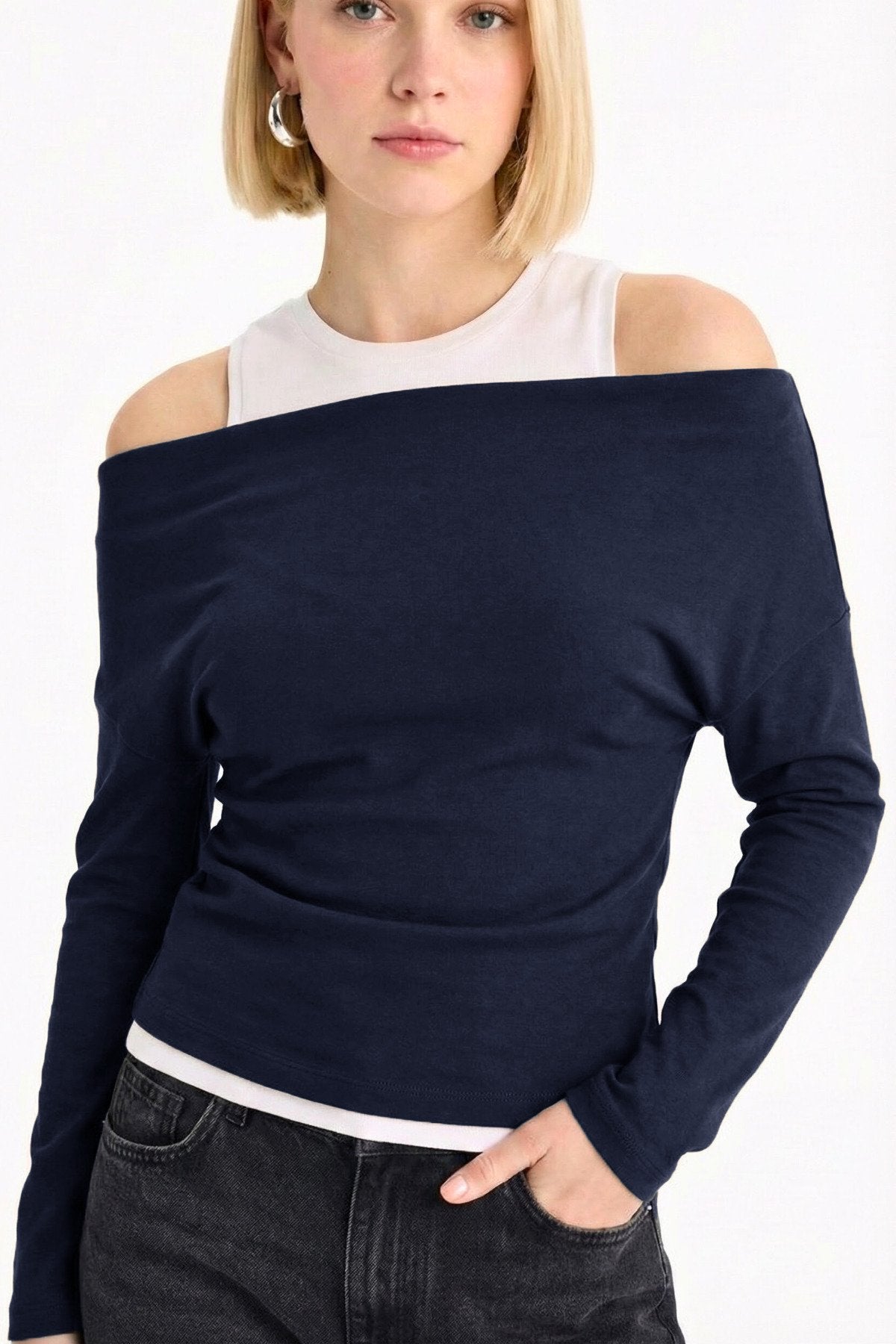 Slim Fit Dar Kesim Tek Omuzlu Çift Katmanlı Ribana Pamuk Uzun Kollu Tişört