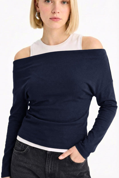 Slim Fit Dar Kesim Tek Omuzlu Çift Katmanlı Ribana Pamuk Uzun Kollu Tişört