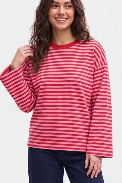 Kadın Çizgili %100 Pamuk Bisiklet Yaka Oversize Sweatshirt
