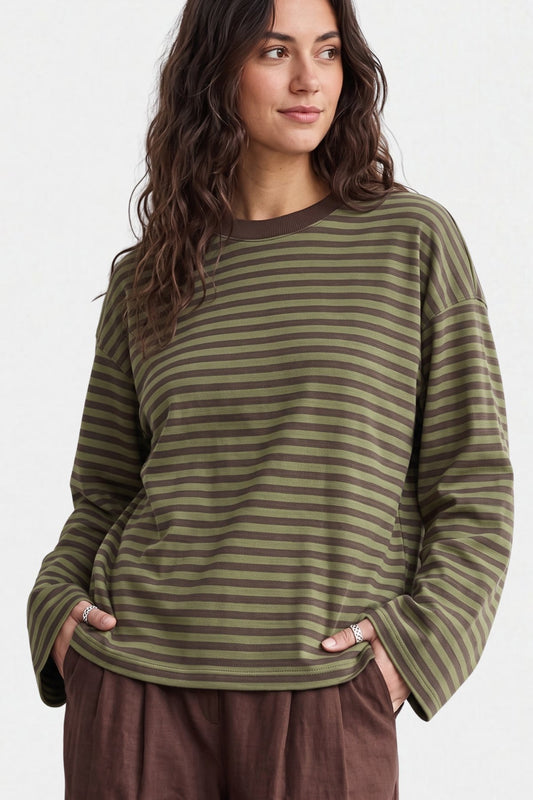 Kadın Çizgili %100 Pamuk Bisiklet Yaka Oversize Sweatshirt