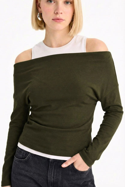 Slim Fit Dar Kesim Tek Omuzlu Çift Katmanlı Ribana Pamuk Uzun Kollu Tişört