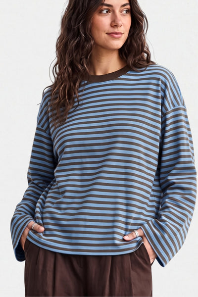 Kadın Çizgili %100 Pamuk Bisiklet Yaka Oversize Sweatshirt