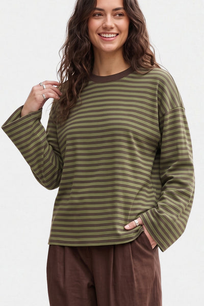 Kadın Çizgili %100 Pamuk Bisiklet Yaka Oversize Sweatshirt