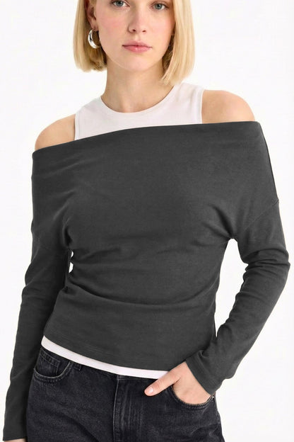 Slim Fit Dar Kesim Tek Omuzlu Çift Katmanlı Ribana Pamuk Uzun Kollu Tişört